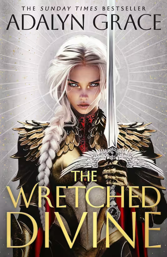 Book cover of 'The Wretched Divine' by Adalyn Grace featuring a warrior with armour and a sword.