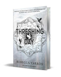 Book Cover of 'Threshing Day' by Rebecca Yarros, showing the silver front cover and matching silver sprayed edges against a clean white background.