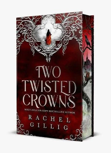 A hardcover book titled "Two Twisted Crowns" by Rachel Gillig.  The cover features a red and brown background with ornate white filigree and a small figure in red.