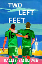 Book cover of 'Two Left Feet' by Kallie Embleidge featuring two figures in green jerseys with a cityscape in the background.