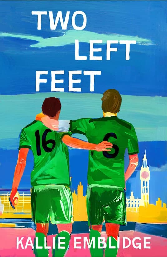 Book cover of 'Two Left Feet' by Kallie Embleidge featuring two figures in green jerseys with a cityscape in the background.