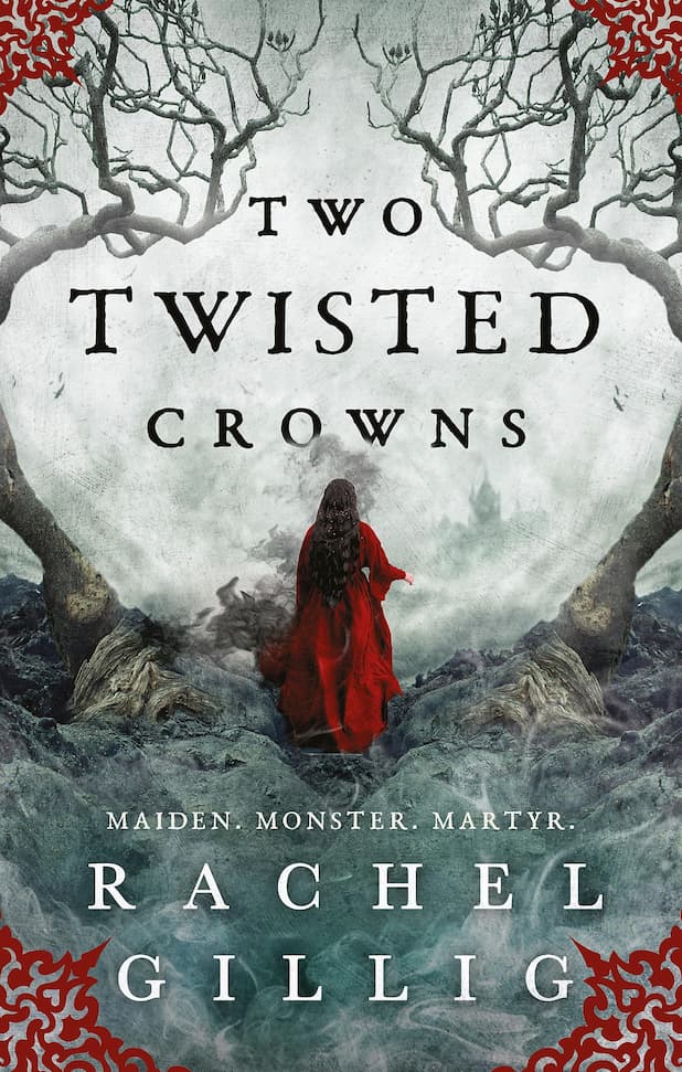 Book cover of 'Two Twisted Crowns' by Rachel Gillig with a woman in a red coat walking through a foggy landscape.