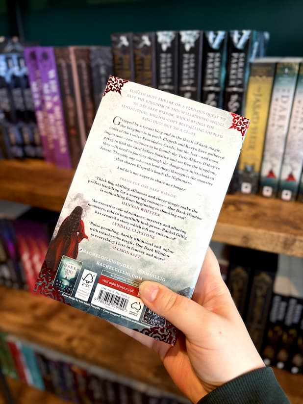 A hand holding the back of a paperback copy of 'Two Twisted Crowns' by Rachel Gillig with a woman in a red coat walking through a foggy landscape, and black text.