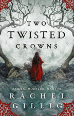 Book cover of 'Two Twisted Crowns' by Rachel Gillig with a woman in a red coat walking through a foggy landscape.