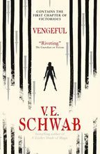Book cover for 'Vengeful' by V.E. Schwab featuring vertical black lines drawn by a marker with grey daggers between the lines. In the centre of the page is the silhouette of a woman standing legs apart, holding two guns.