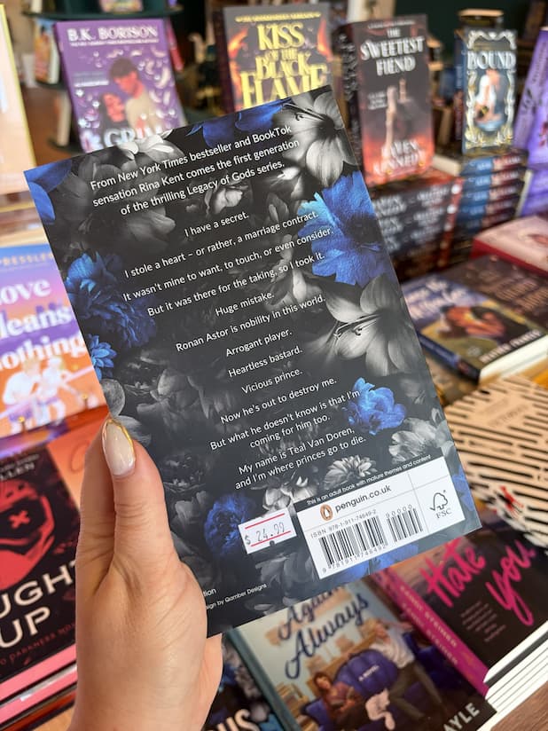A hand with nude nail polish holds the back of a copy of 'Vicious Prince' by Rina Kent, featuring a blue and silver floral design with white text.