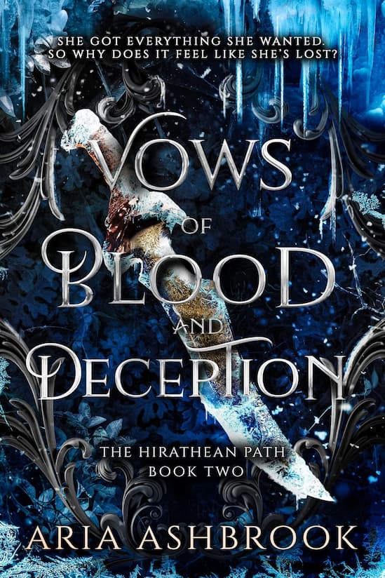 Book cover of 'Vows of Blood and Deception' by Aria Ashbrook with a dark, fantasy-themed design. A knife sitz frozen in ice in the middle and icicles and frost creep in from the edges of the cover.