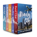 A boxed book set of 'Windy City' by Liz Tomforde, showing four upright volumes with colorful cityscape spines and a front cover featuring an airplane over a skyline under a blue sky.