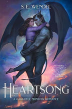 Book cover of 'Heartsong' featuring a gargoyle and a woman  embracing against a colourful cloudy sky.